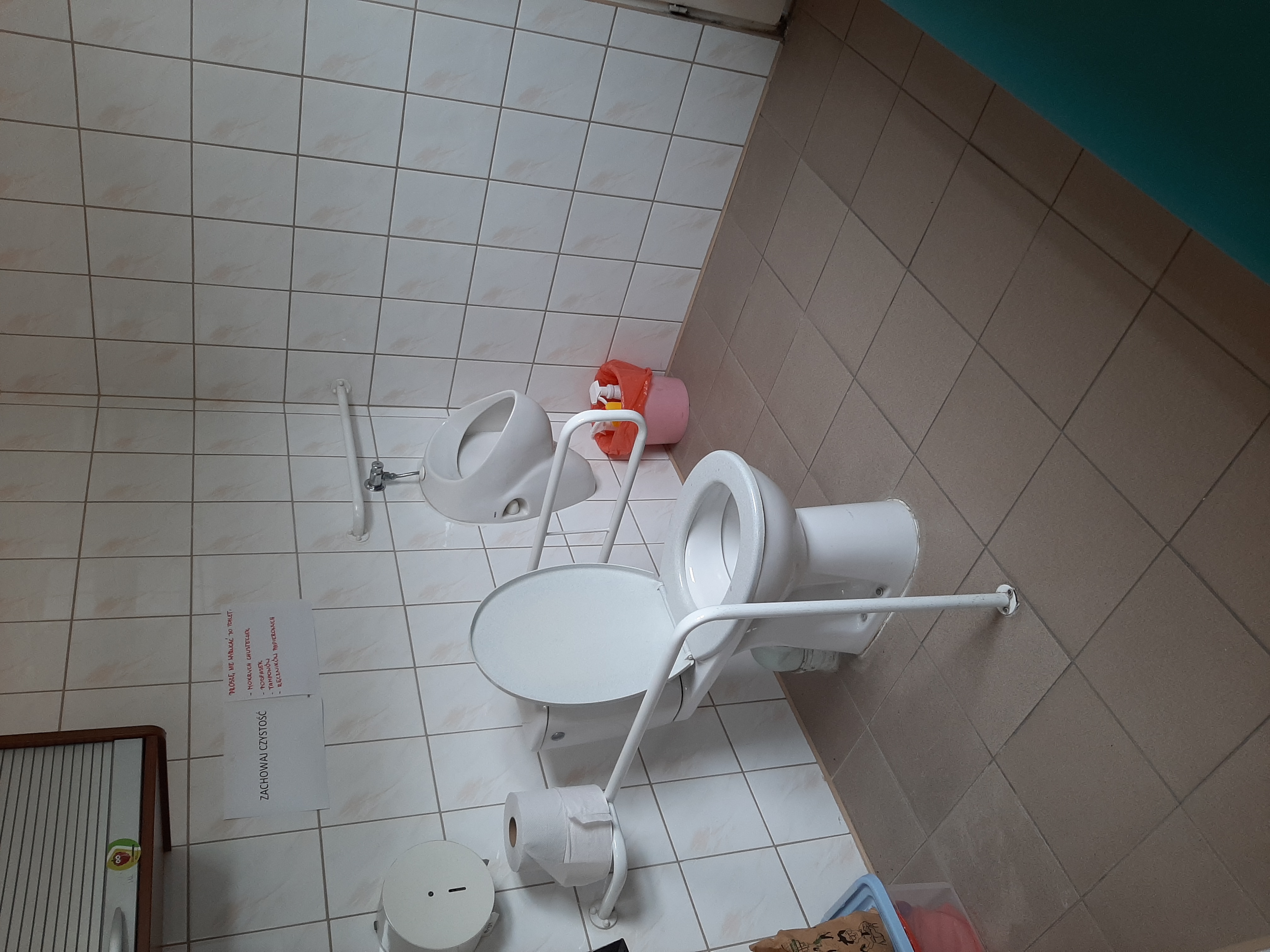 Zdjęcie przedstawia toaletę dla osób z niepełnosprawnością. Sedes z obu stron wyposażono w niezbędne poręcze.